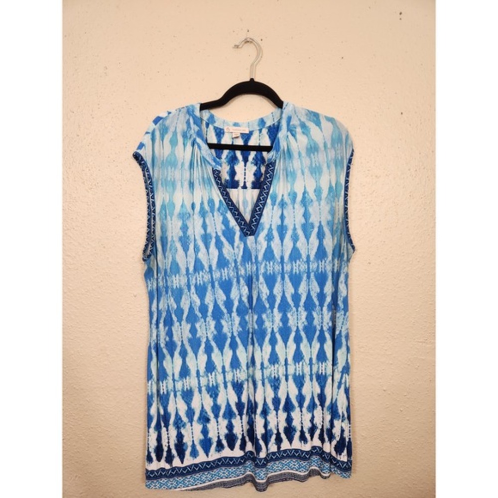 Dressbarn Womens Tank Top Sleeveless V-Neck Blue White Print 2X